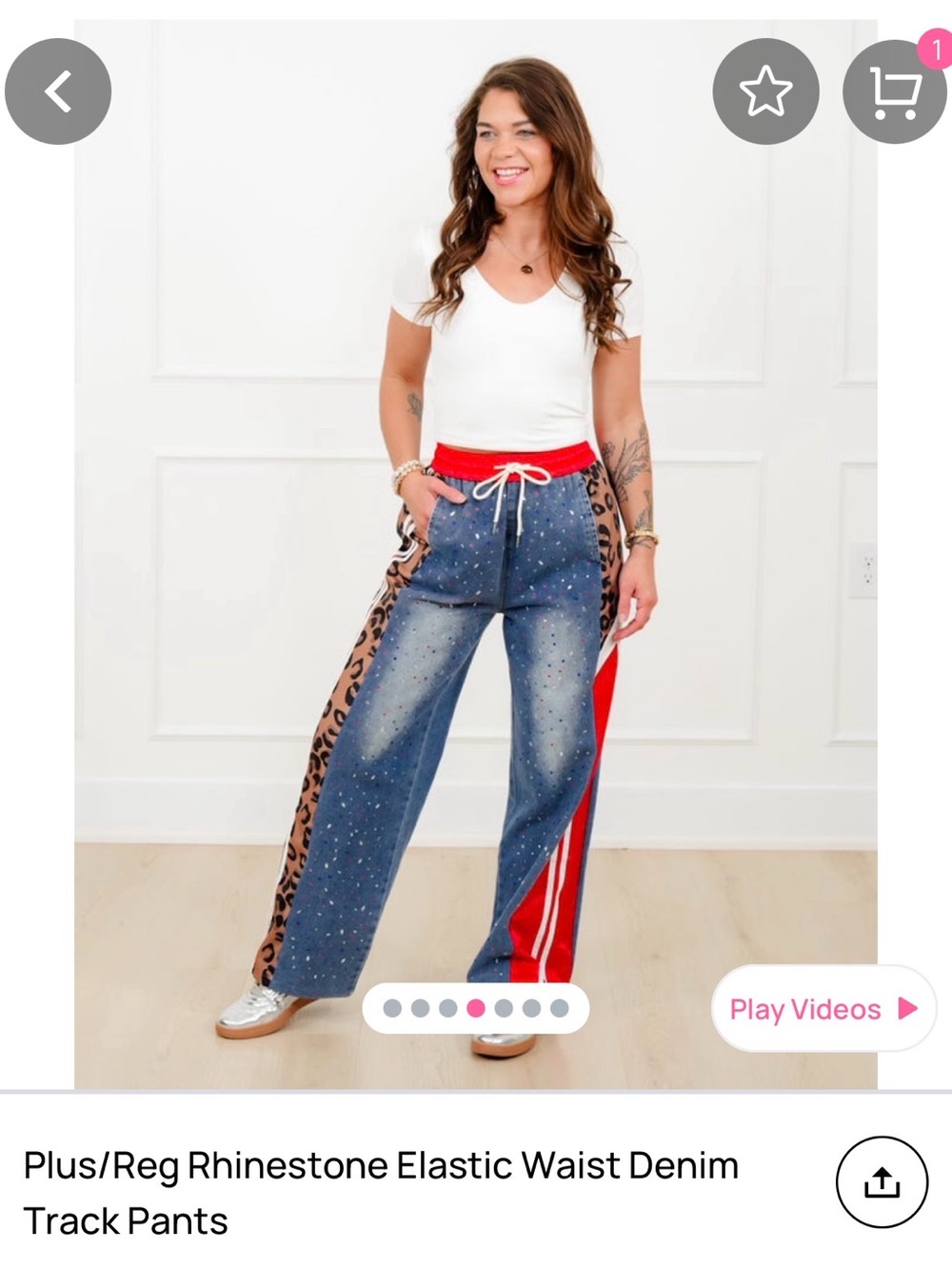 Denim Rhinestone Track Pants with Red Stripe & Leopard Trim